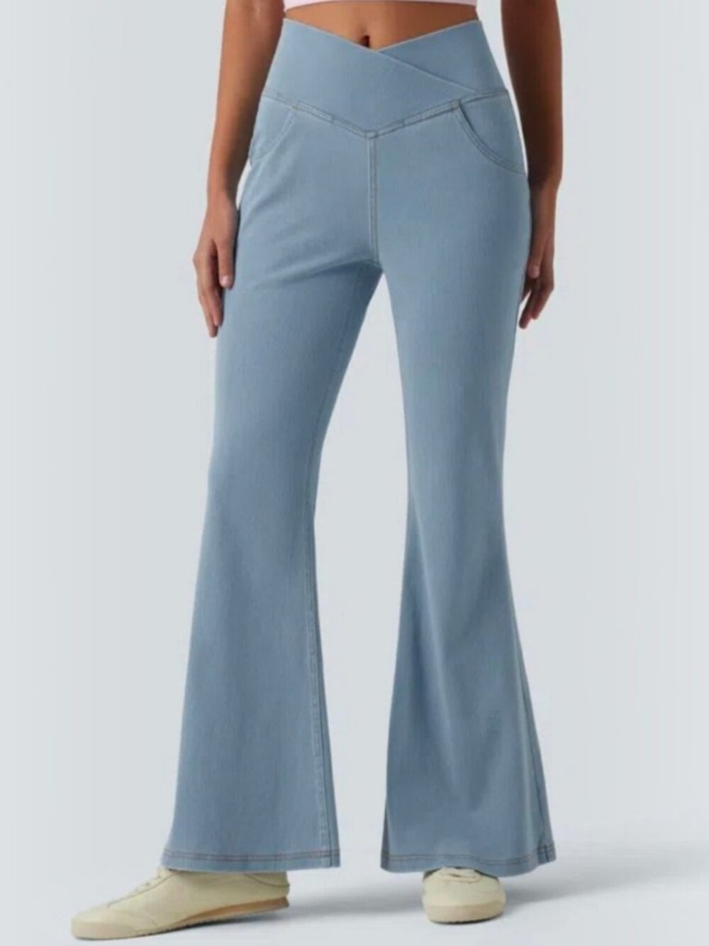 NWT Halara Womens Xsmall Petite XSP High Waisted Crossover Flare Blue Jeans 082